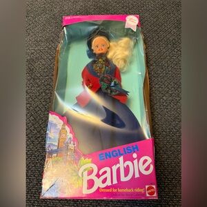 1991 Barbie Blonde Doll in Red Coat and Navy Dress with Patterned Scarf